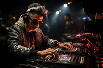 Fototapeta na wymiar DJ am Controller: Kreativität und Stil im dunklen Musikstudio