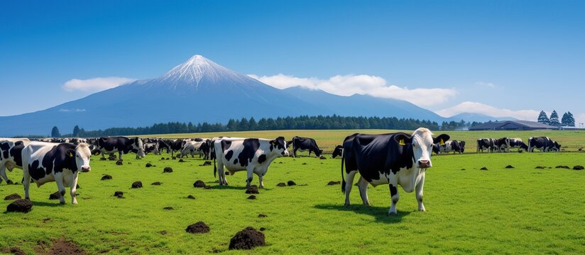 Cows eating grass on the green field in front of snowy mountain. AI generated image