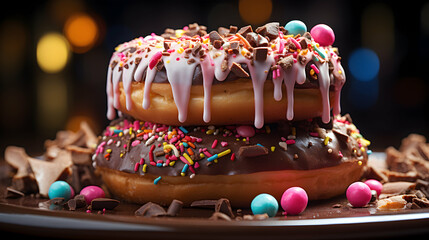 Delicious donut with chocolate icing and sprinkles. Donut shop advertising, sweet landing page template, generative ai
