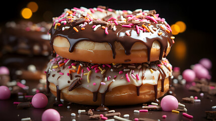Delicious donut with chocolate icing and sprinkles. Donut shop advertising, sweet landing page template, generative ai