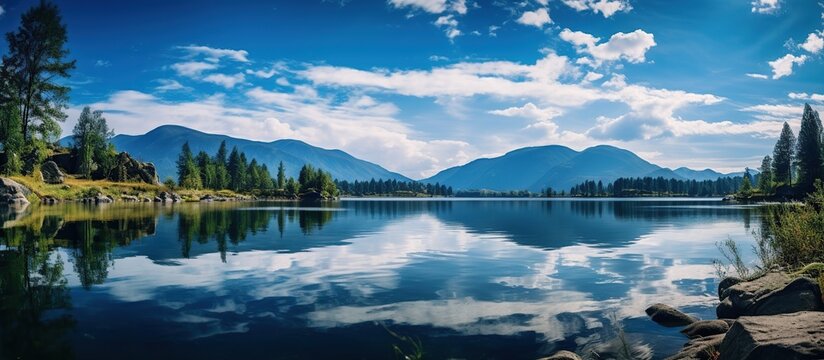 Panoramic lake with mountain view landscape. AI generated image