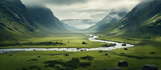 Panoramic view a river surrounded by green hills on a sunny day. AI generated image