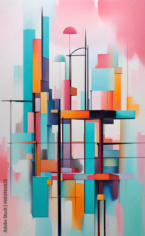 Wall mural Colorful uplifting abstract art poster in structural building blocks style. Pink, orange and turquoise color palette