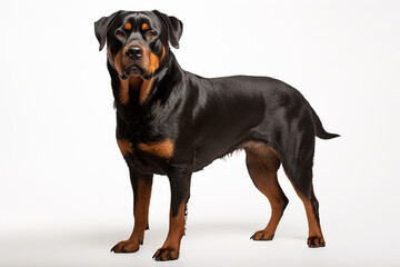 Obraz premium Rottweiler dog standing on a white background. Animal left-side portrait.