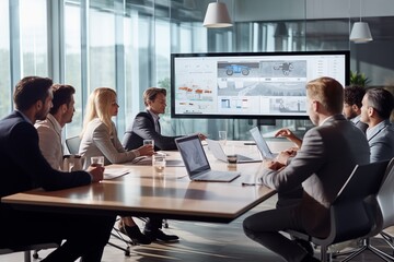 Business people, meeting and screen presentation for data analysis