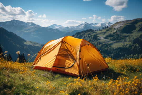 Camping in the mountains with tent standing on a hill with beautiful landscape. tourism concept