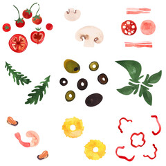 Pizza toppings: sliced tomatoes, cherry tomatoes, mushroom slices, bacon, pepperoni, ham, arugula, olives, olives, basil, shrimp, mussels, pineapple, sweet bell pepper slices