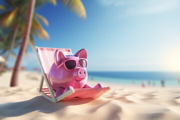 Financial freedom. Piggy bank relaxing on the sandy beach. Wealth growth and financial independence concept. High quality photo - obrazy, fototapety, plakaty