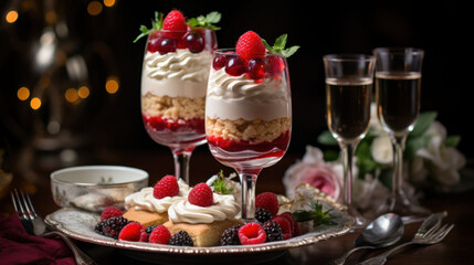 Twin glasses of elegant Valentine's pastries, layered with berries and cream. A harmonious blend of flavors for a memorable Valentine's dessert.