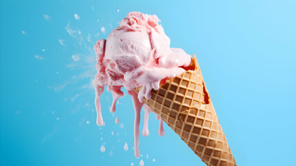 Pink ice cream melting and spilling from the waffle cone on pastel blue background. Minimalist summer food concept, advertisement banner with copy space, Sweet menu concept. Menu recipe, generative ai