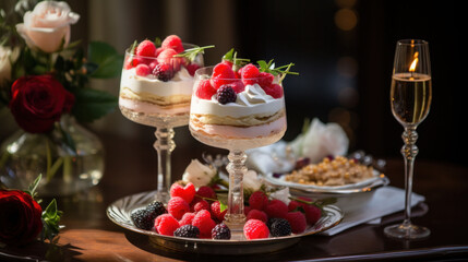 Obraz na płótnie Canvas Elegant Valentine's pastries layered in wine glasses, adorned with fresh berries. A sophisticated treat for a romantic celebration.