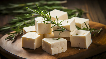 Raw organic vegetarian tofu cubes with fresh rosemary on wooden background, generative ai