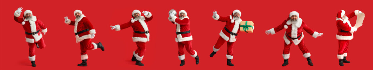 Fototapeta na wymiar Dancing Santa Claus on red background