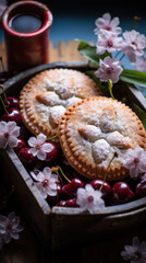 Mini pies with a Valentine's motif, accompanied by a cup of tea and spring blooms.