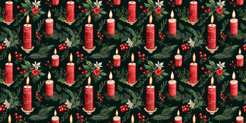 beautiful Christmas or New Year patterns with drawings of candles with fir branches