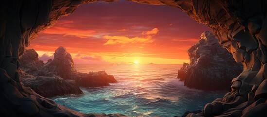View from the cave along the ocean at golden sunset landscape. AI generated image