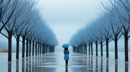 Feelings of depression, sadness, loneliness, melancholy. Blue Monday. Surreal nature, rows of leafless trees, and a lonely alone woman with an umbrella in the center - obrazy, fototapety, plakaty
