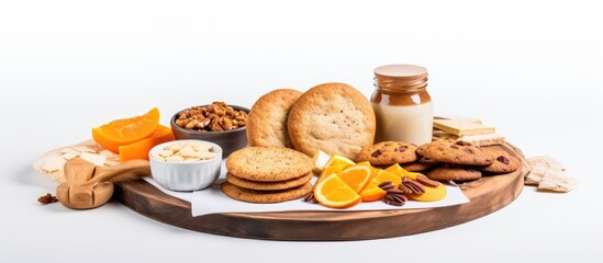 In the traditional Dutch bakery, a nutritious and healthy breakfast spread awaited on the isolated white background, featuring round biscuits made from baked wheat, known as Rusk, a wholesome choice