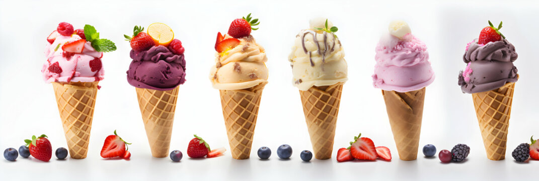 Set of different types of ice cream balls in waffle cones with ice cream ingredients - fruits, berries and sweets. Isolated on a white background. Clipping Path. Generative ai.