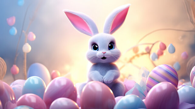 Horizontal AI illustration. Cartoon rabbit with pink and blue Easter eggs. Religions and cultures.