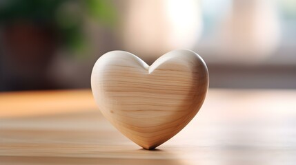 Close up of a beige Heart on a wooden Table. Blurred Background
