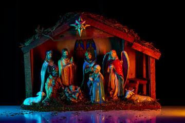 Bethlehem. Christmas Jesus in crib. Christmas nativity scene of born Jesus Christ in the manger...