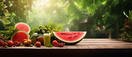 In the summer, surrounded by the lush greenery of nature, a wooden table adorned with tropical fruits, including juicy watermelon slices, provided a healthy and refreshing dessert rich in vitamins and