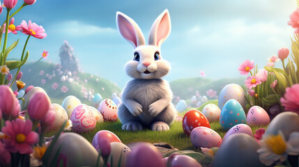 Horizontal AI illustration. Cartoon rabbit in a meadow with easter eggs. Religions and cultures.