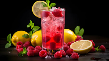 Spring or summer refreshing cold cocktail or mocktail with berries and lemon, raspberry lemonade, photography studio light, dark background, generative ai