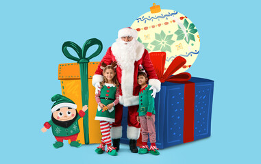 Cute little elves with Santa Claus and drawn gifts on light blue background