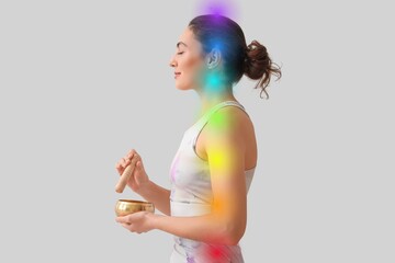 Beautiful young woman with Tibetan singing bowl cleansing chakras on light background