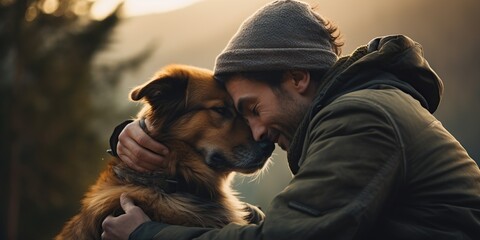 Photographs portraying heartwarming scenes of pets and their owners, showcasing playful interactions and the bond between furry companions in a realistic style.