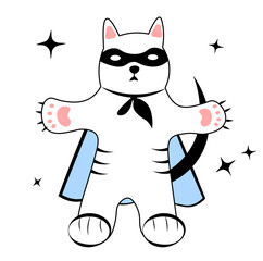 Cat superhero in cape and mask on white background