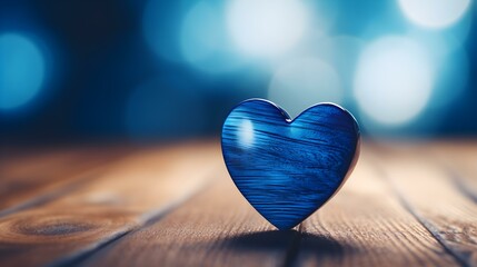 Close up of a blue Heart on a wooden Table. Blurred Background