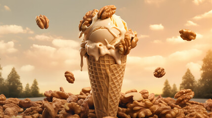 Walnut ice cream. Scoops of italian dessert with waffle cone on isolated background. Illustration for banners, landing pages and web pages with summer motifs. Copy space. Generative AI - obrazy, fototapety, plakaty