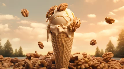 Foto auf Alu-Dibond Walnut ice cream. Scoops of italian dessert with waffle cone on isolated background. Illustration for banners, landing pages and web pages with summer motifs. Copy space. Generative AI © pawczar