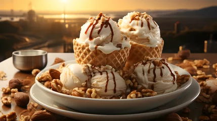 Foto auf Alu-Dibond Walnut ice cream. Scoops of italian dessert with waffle cone on isolated background. Illustration for banners, landing pages and web pages with summer motifs. Copy space. Generative AI © pawczar