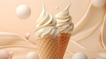 Foto auf Alu-Dibond White chocolate ice cream. Scoops of italian dessert with waffle cone on isolated background. Illustration for banners, landing pages and web pages with summer motifs. Copy space. Generative AI © pawczar