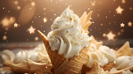 Foto auf Alu-Dibond White chocolate ice cream. Scoops of italian dessert with waffle cone on isolated background. Illustration for banners, landing pages and web pages with summer motifs. Copy space. Generative AI © pawczar