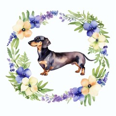 Watercolor Dachshund Standing with a Yellow and Blue Flower Wreath