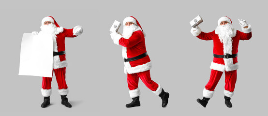 Santa Claus with blank poster showing dislike on grey background