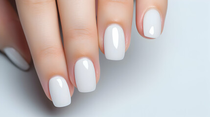 Women beautiful hand with white color manicure or hybrid. Nail art. Generative AI.