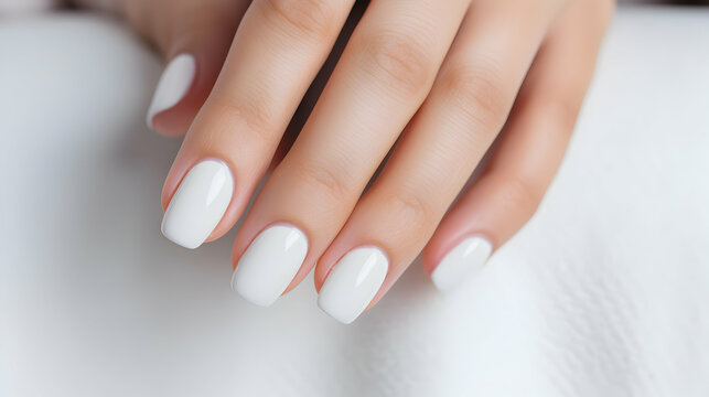 Women beautiful hand with white color manicure or hybrid. Nail art. Generative AI.