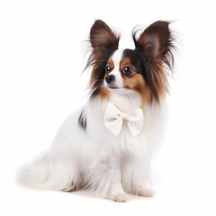 Papillon, cute fluffy dog, portrait, isolated on white close-up, lovely pet, very long hair