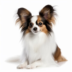 Papillon, cute fluffy dog, portrait, isolated on white close-up, lovely pet, very long hair