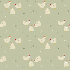 Cute Cartoon chicken and hen Seamless Pattern, Background vector Illustration