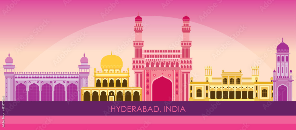 Wall mural Sunset Skyline panorama of city of Hyderabad, India - vector illustration