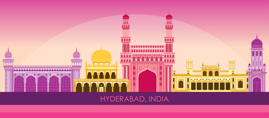 Sunset Skyline panorama of city of Hyderabad, India - vector illustration