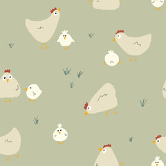 Cute Cartoon chicken and hen Seamless Pattern, Background vector Illustration