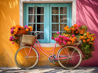 Fototapeta na wymiar bicycle and flowers, Bicycle in a Pastel-Colored Surrounding Adorned with Spring Flowers - A Charming Image Capturing the Essence of Spring and Cycling Delight.